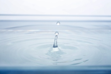 Photo of Splash of water with drops on white background