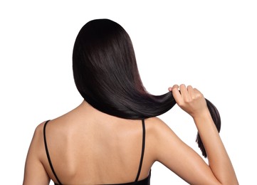 Woman with strong healthy hair on white background, back view