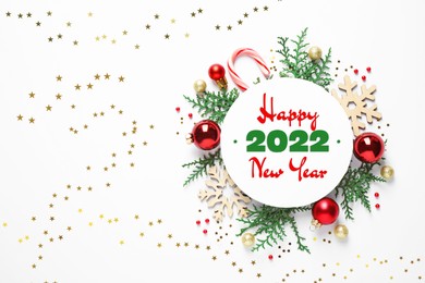 Image of Beautiful decor and card with text Happy New 2022 Year on white background 