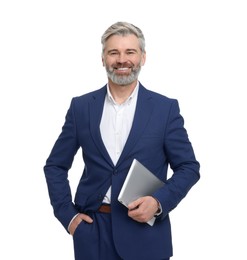 Photo of Mature businessman in stylish clothes with tablet on white background