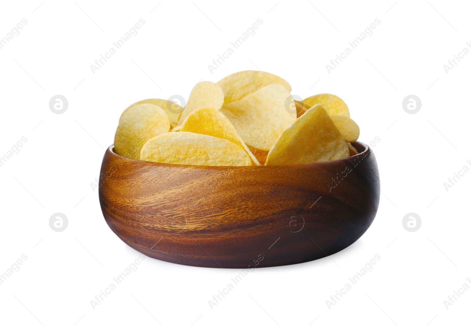 Photo of Bowl of tasty potato chips on white background