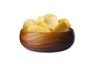 Bowl of tasty potato chips on white background