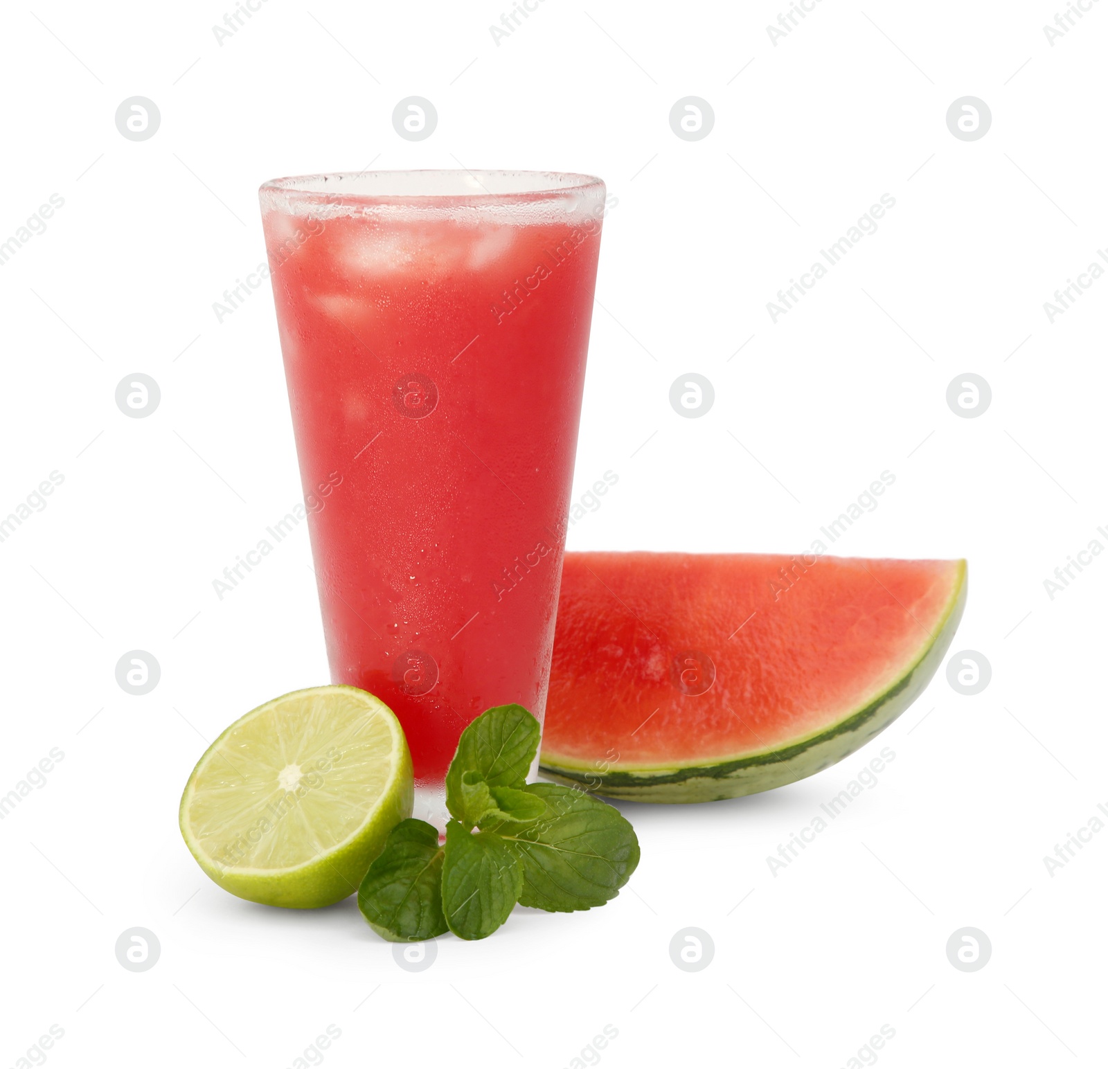 Photo of Glass of delicious watermelon drink, mint and cut fresh fruits isolated on white