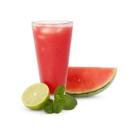 Photo of Glass of delicious watermelon drink, mint and cut fresh fruits isolated on white