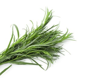 Sprigs of fresh tarragon on white background, above view
