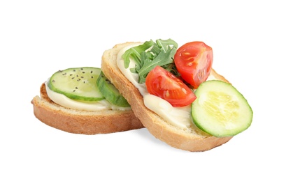 Slices of bread with different toppings on white background