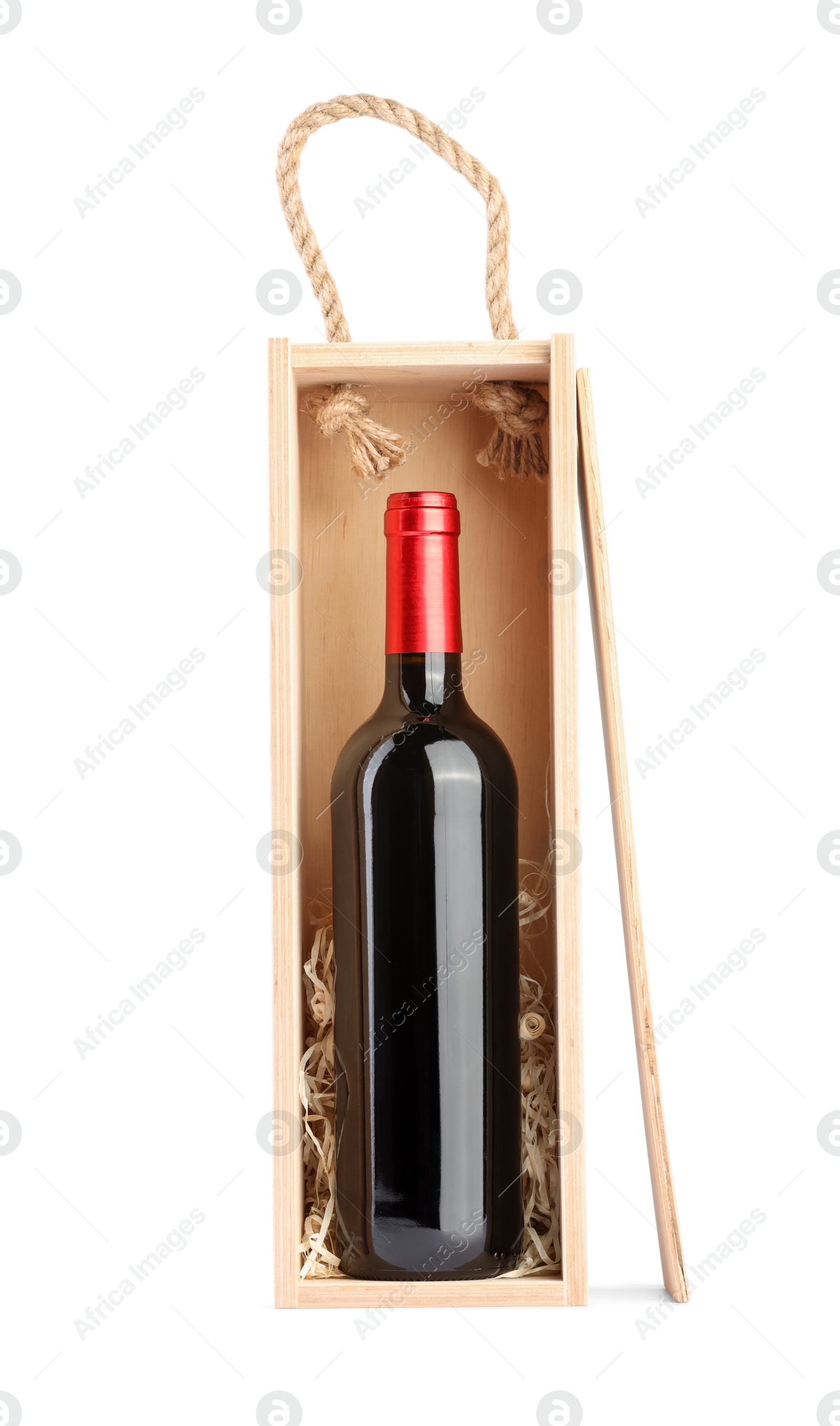 Photo of Wooden gift box with wine bottle isolated on white