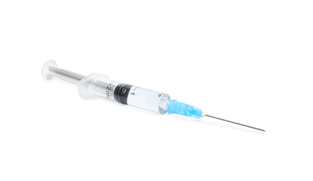 Photo of Syringe with medication isolated on white. Vaccination and immunization