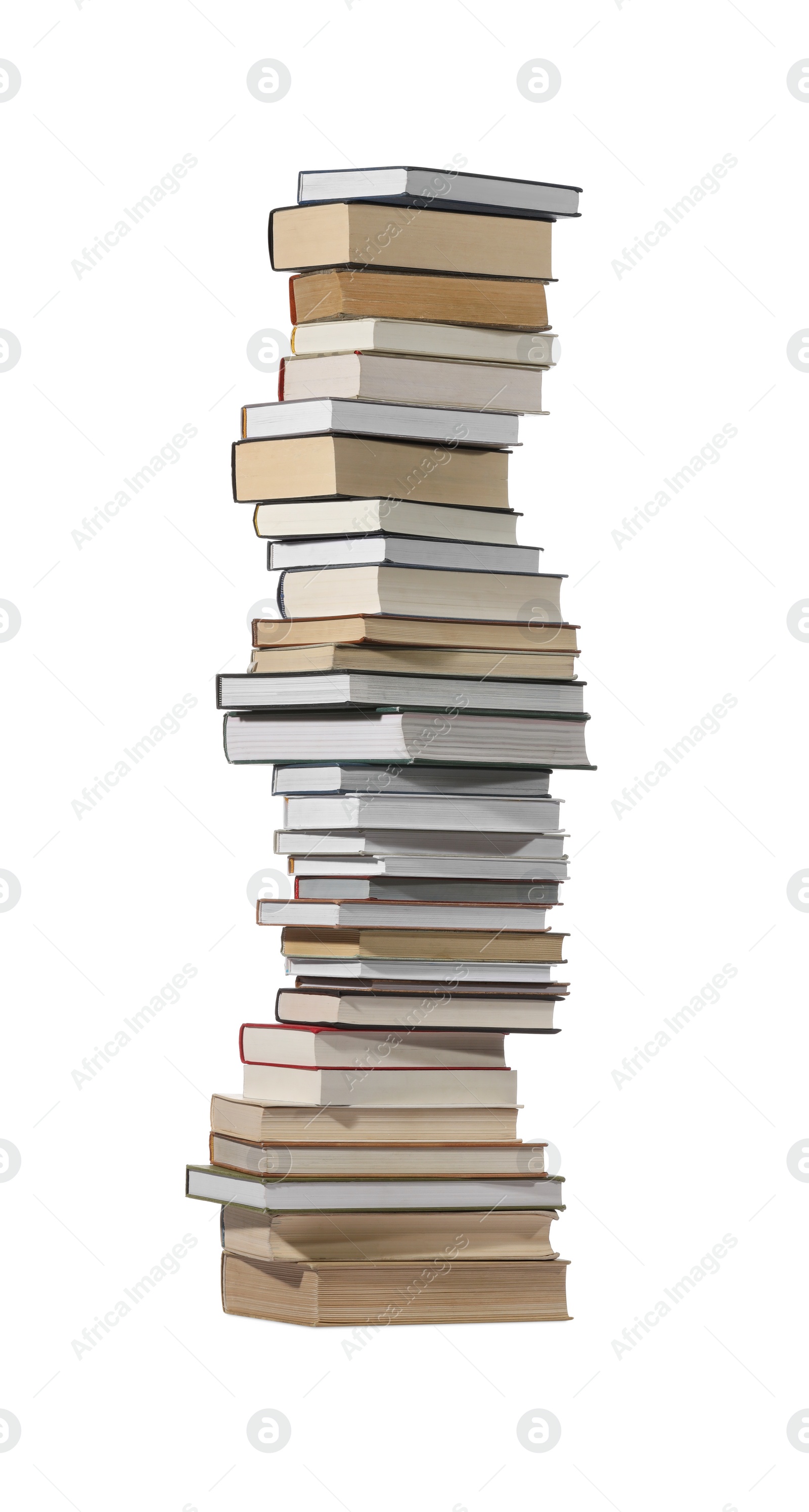 Photo of High stack of many different books isolated on white