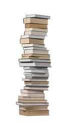 High stack of many different books isolated on white