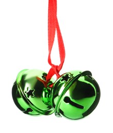 Shiny green sleigh bells with ribbon isolated on white