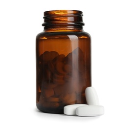 Photo of Bottle with vitamin pills on white background