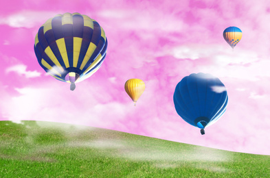 Dream world. Hot air balloons in pink sky over green meadow