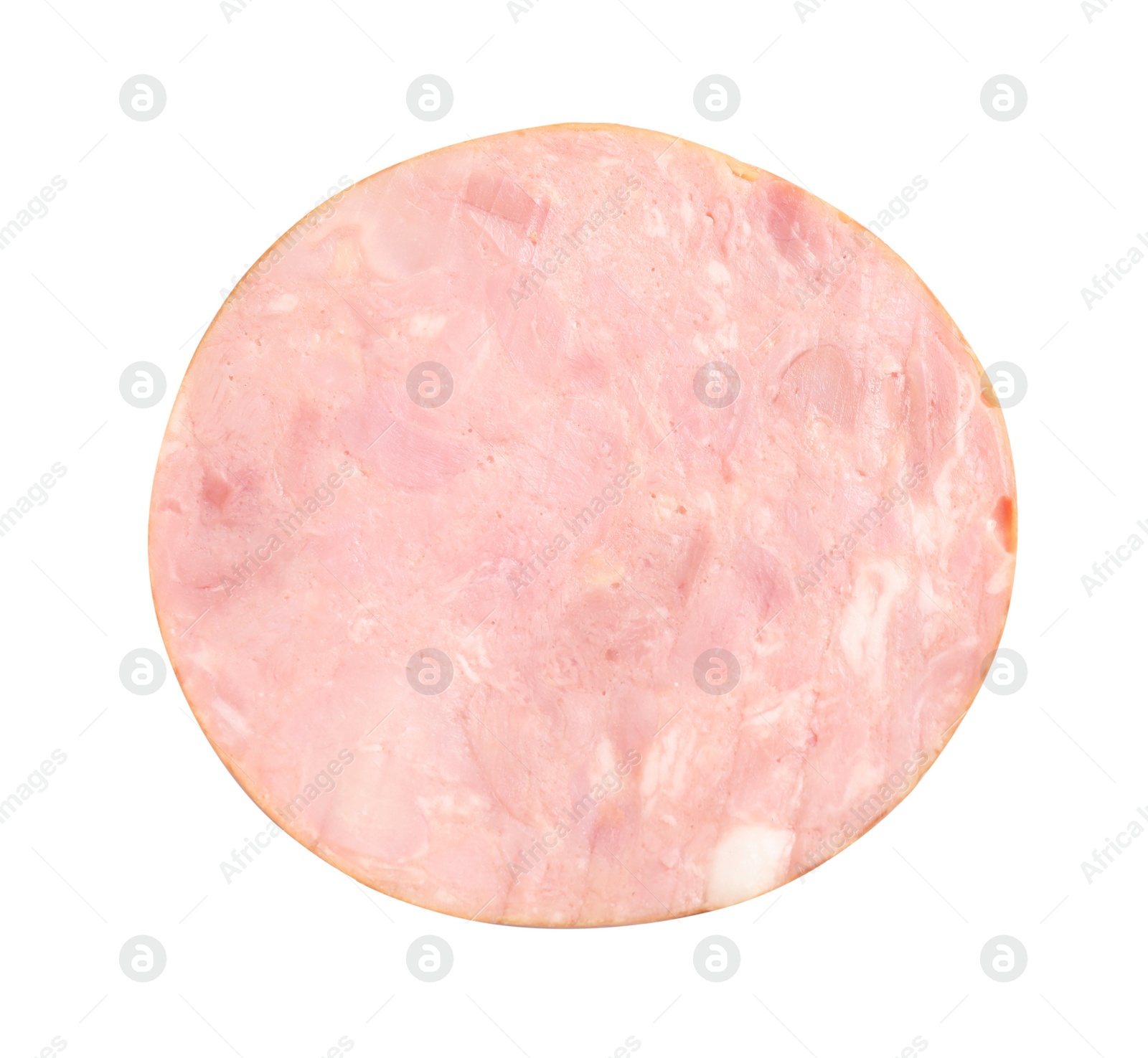 Photo of Slice of tasty fresh ham isolated on white, top view