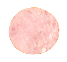 Slice of tasty fresh ham isolated on white, top view