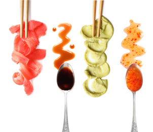 Set of delicious sauces and condiments on white background, top view