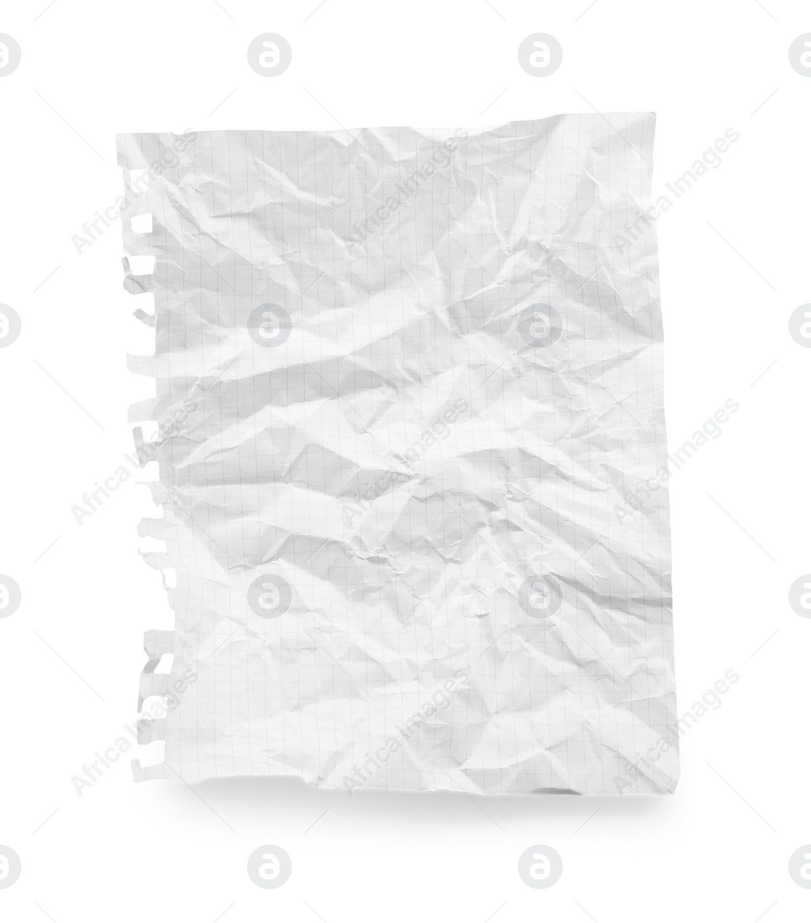 Photo of Crumpled checkered notebook sheet isolated on white, top view