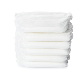 Photo of Stack of baby diapers isolated on white