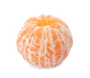 Photo of Peeled fresh ripe tangerine on white background