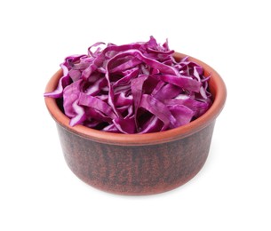 Photo of Bowl with shredded red cabbage isolated on white