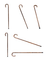 Image of Set with elegant wooden walking canes on white background