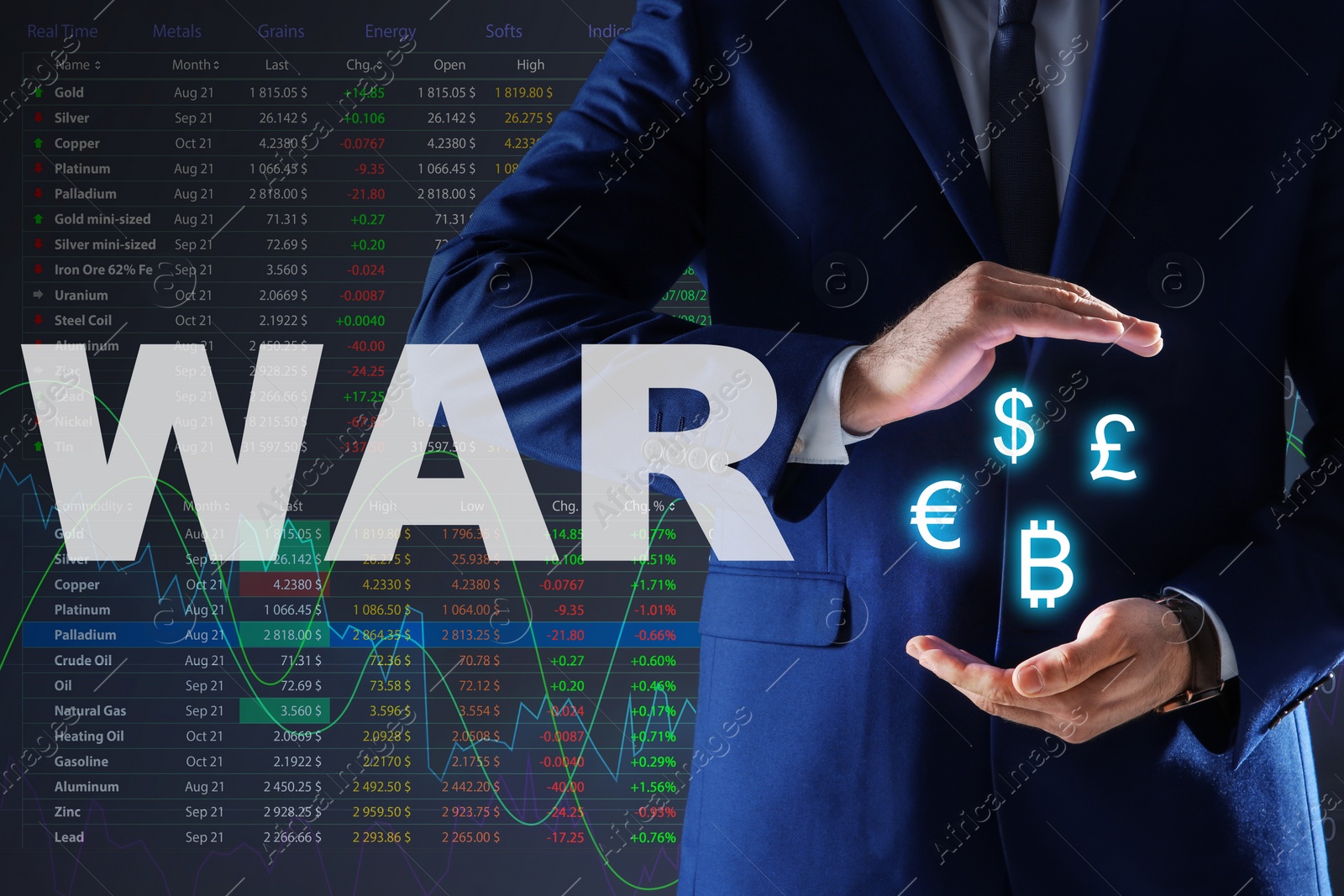 Image of Influence of war on stock exchange. Businessman showing virtual currency symbols and electronic online trading platform on background