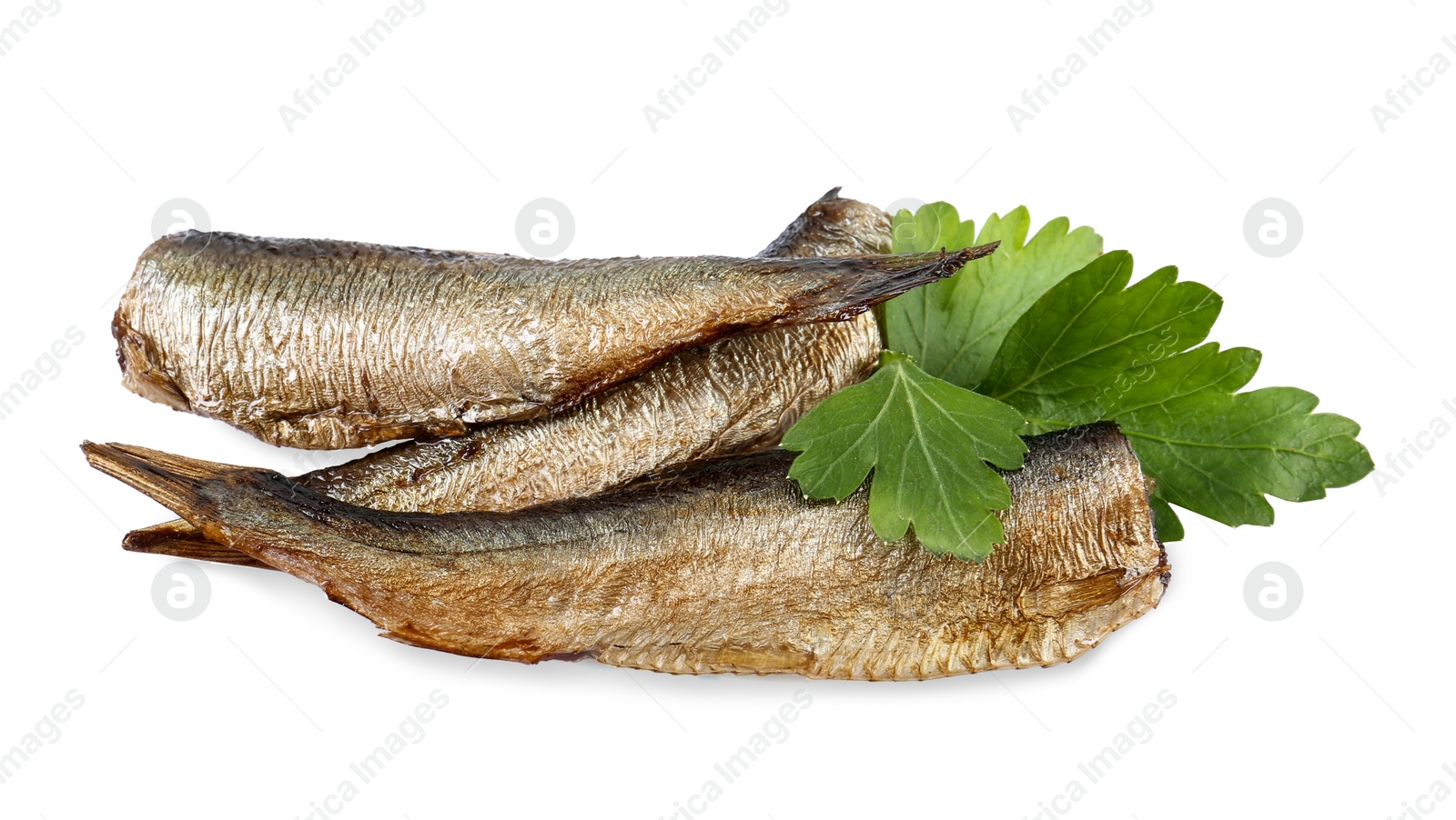 Photo of Tasty canned sprats and parsley isolated on white