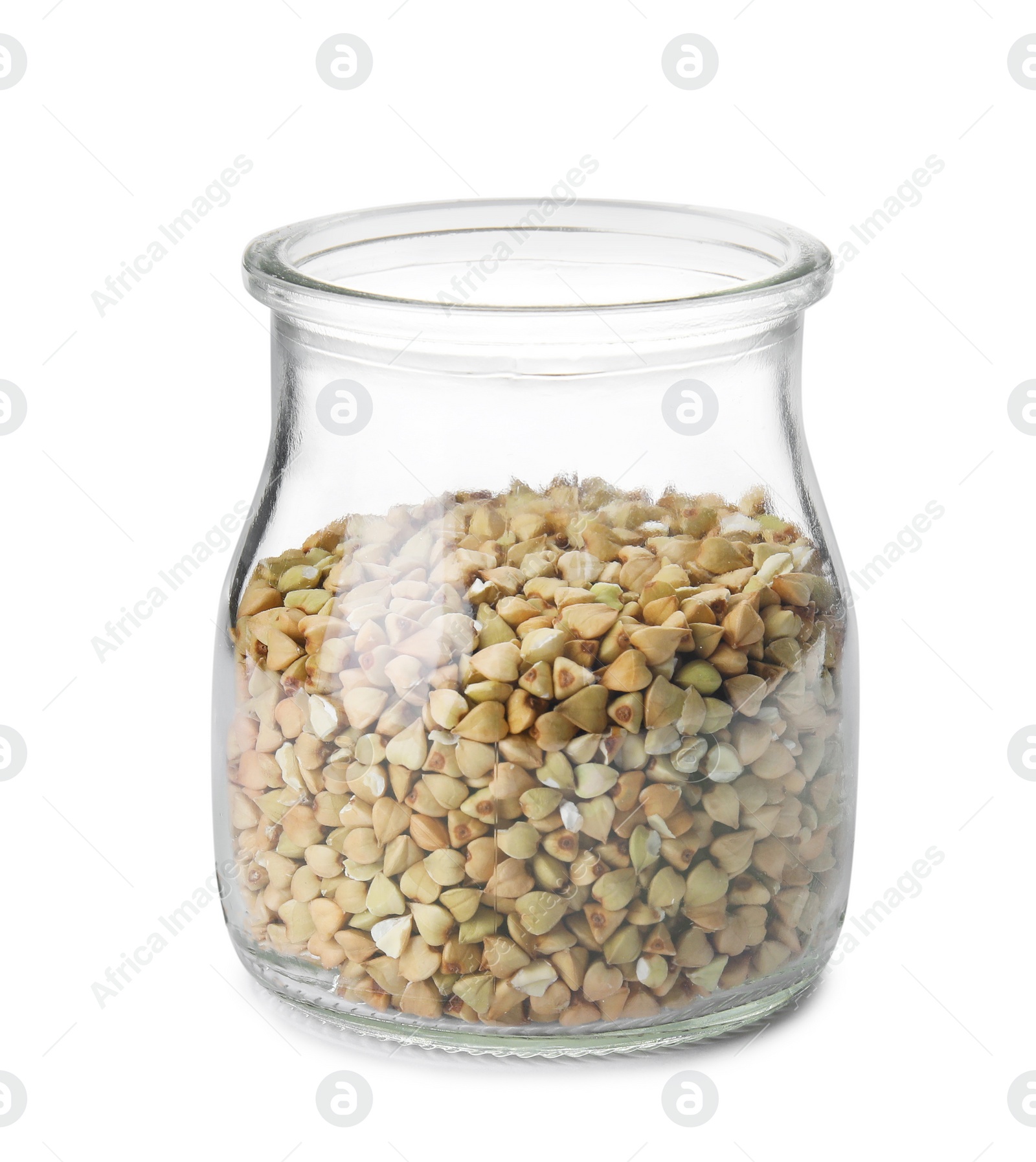 Photo of Uncooked green buckwheat grains in jar isolated on white