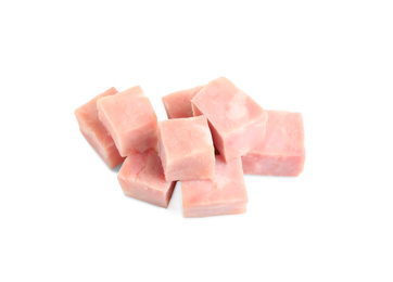 Photo of Cubes of tasty fresh ham isolated on white, above view