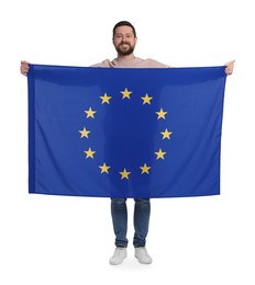 Man holding European Union flag on white background