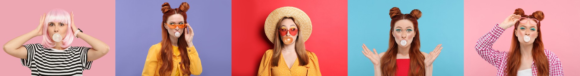 Women blowing bubble gums on color backgrounds, set of photos