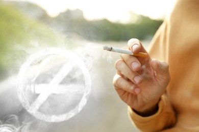 Image of No Smoking sign of smoke near woman with cigarette outdoors, closeup