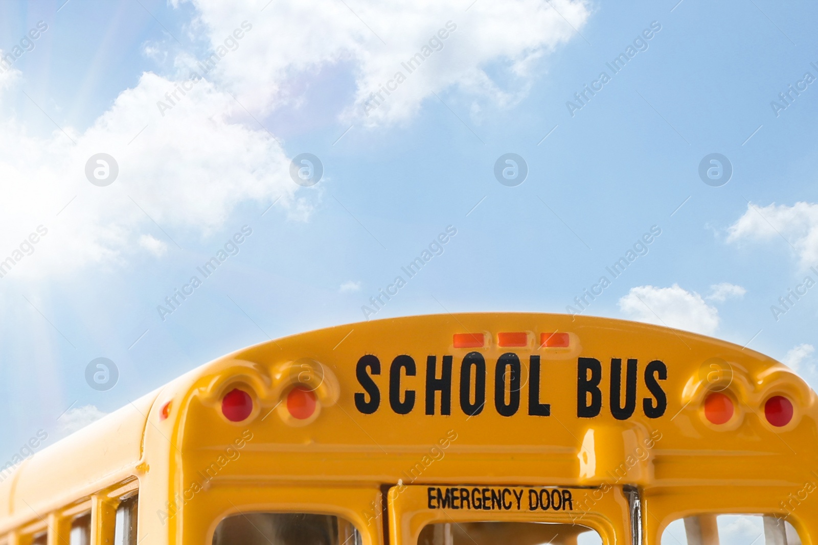 Image of Yellow school bus outdoors, closeup. Transport for students