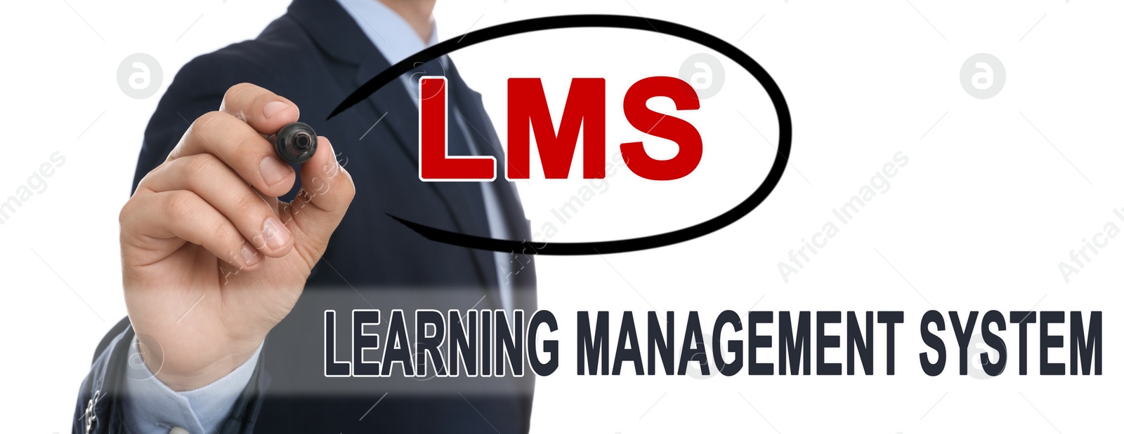 Image of Learning management system. Businessman circling abbreviation LMS on glass board, closeup. White background, banner design