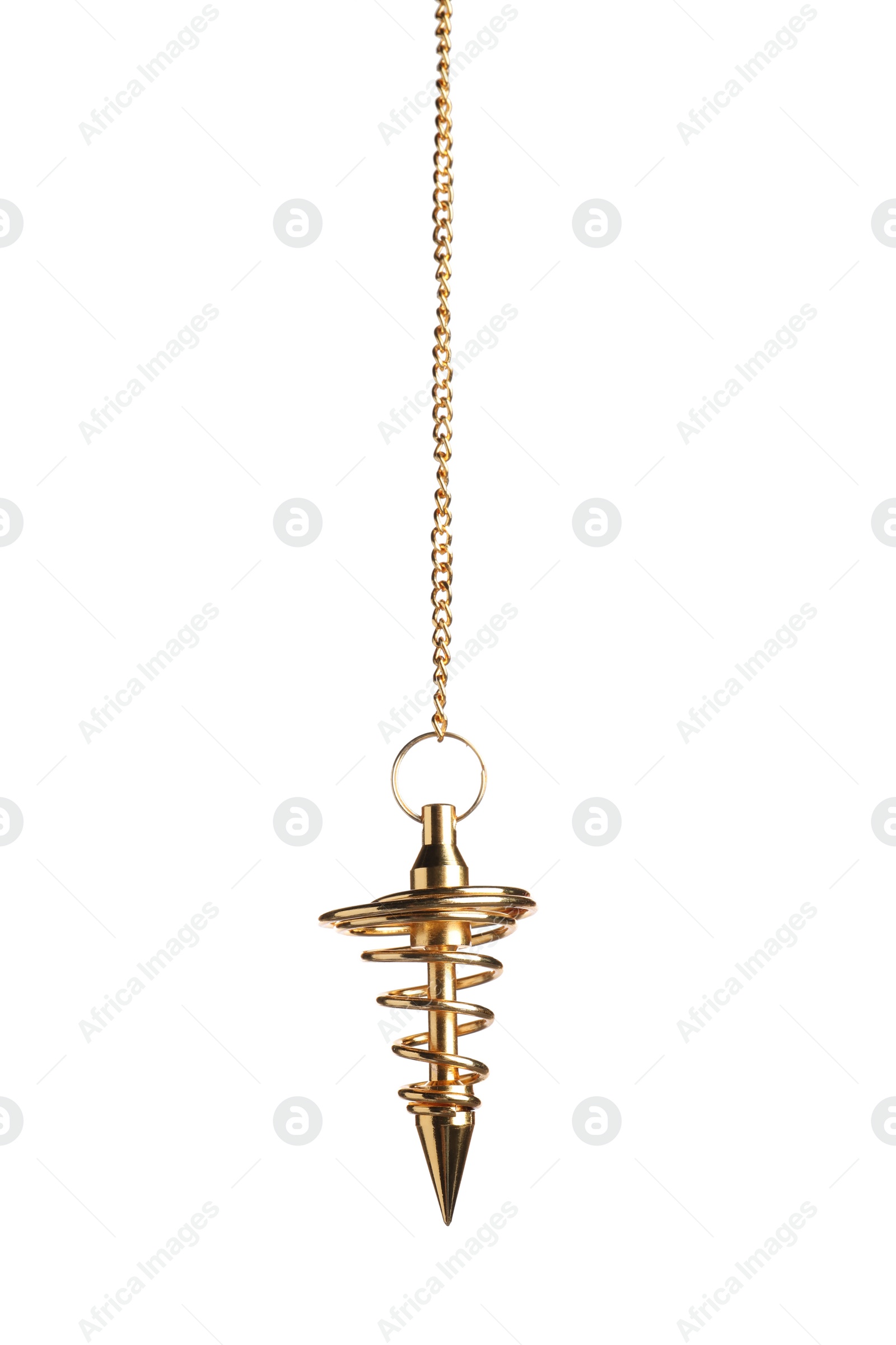 Photo of Beautiful golden pendulum with chain isolated on white. Hypnosis session