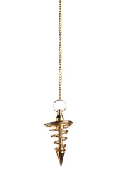 Photo of Beautiful golden pendulum with chain isolated on white. Hypnosis session