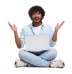 Surprised man with laptop on white background