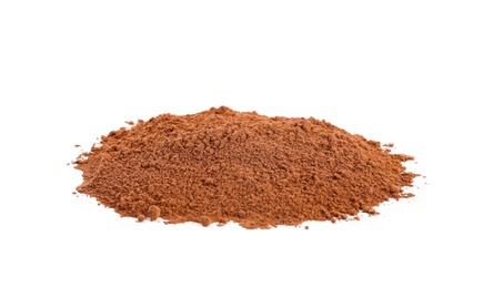 Photo of Cinnamon powder on white background. Aromatic spice
