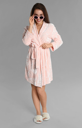 Photo of Young woman in bathrobe and sunglasses on grey background