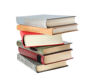 Photo of Stack of hardcover books on white background