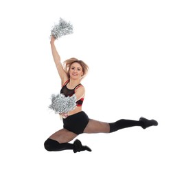 Photo of Beautiful cheerleader with pom poms jumping on white background