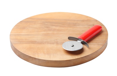 Photo of Pizza cutter and wooden board isolated on white