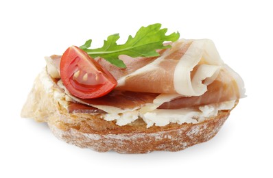 Photo of Tasty sandwich with cured ham, arugula and tomato isolated on white