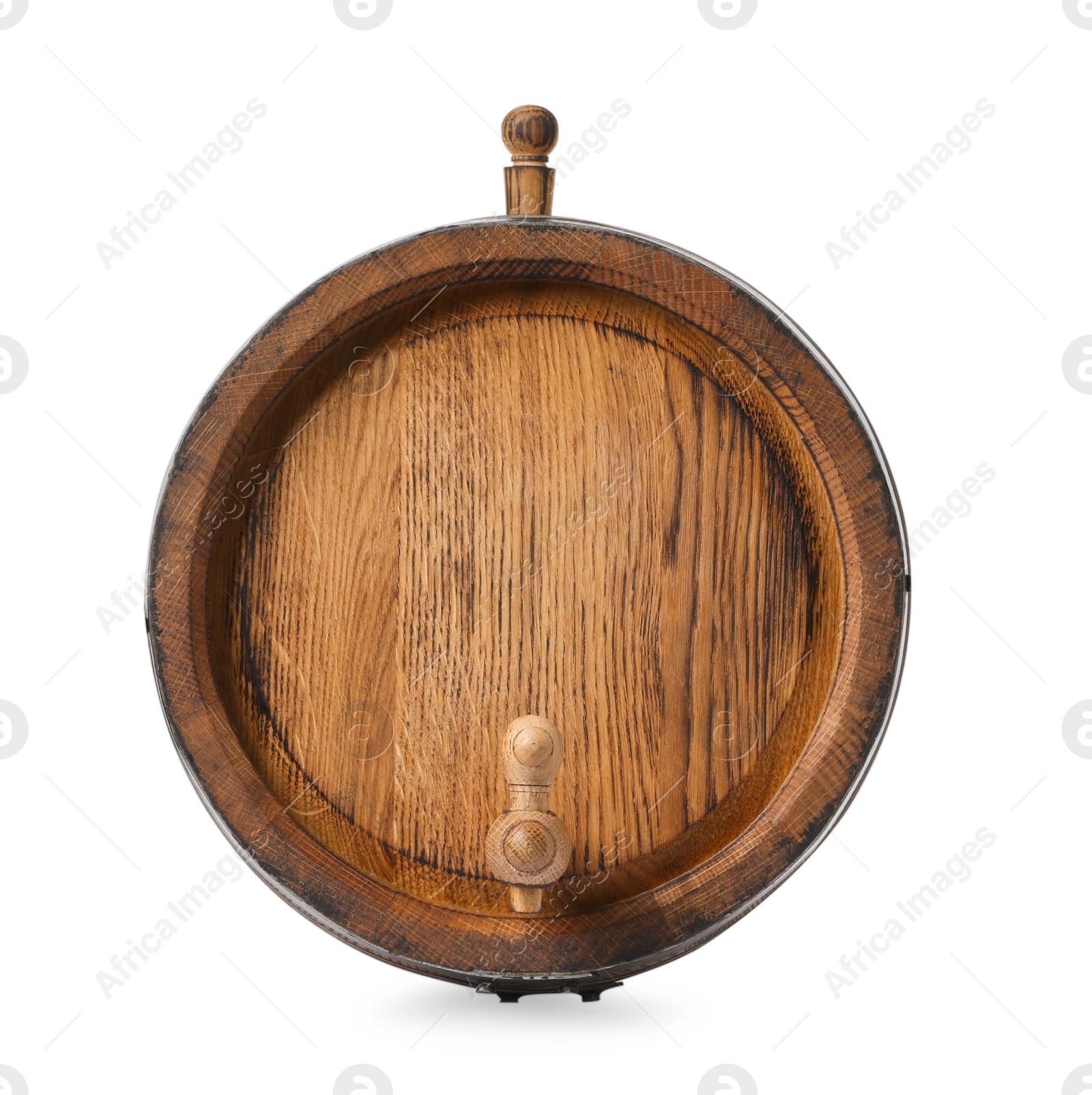 Photo of One wooden with tap barrel isolated on white