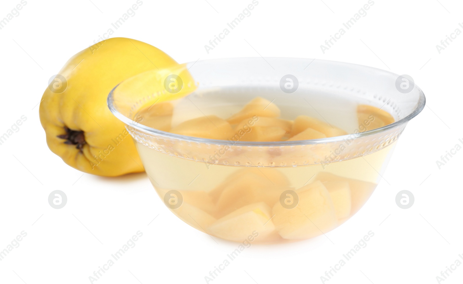 Photo of Delicious quince drink in glass bowl and fresh fruit isolated on white