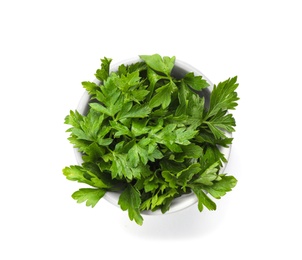 Photo of Bowl with fresh green parsley on white background, top view
