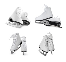 Image of Set with ice skates on white background