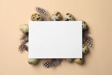 Blank card, speckled quail eggs and bird feathers on beige background, top view. Space for text