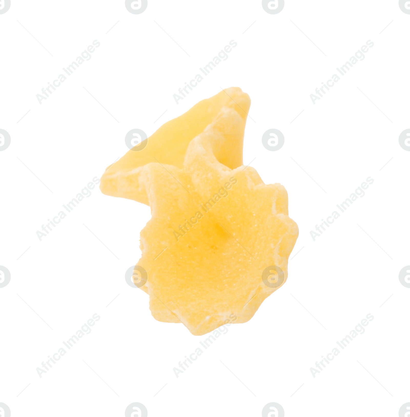 Photo of One piece of raw farfalline pasta isolated on white