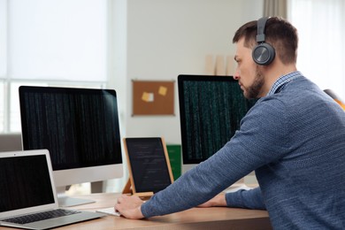 Photo of Programmer with headphones working at desk in office